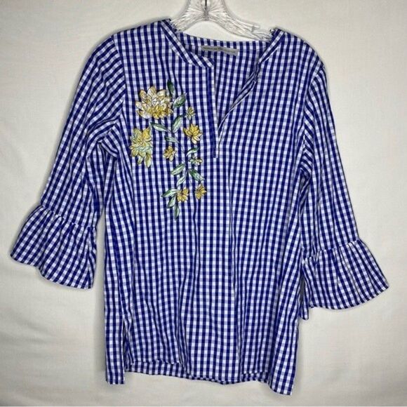 Avon Signature Collection Blue White Gingham Plaid Floral Embroidered V Neck S - Picture 2 of 11